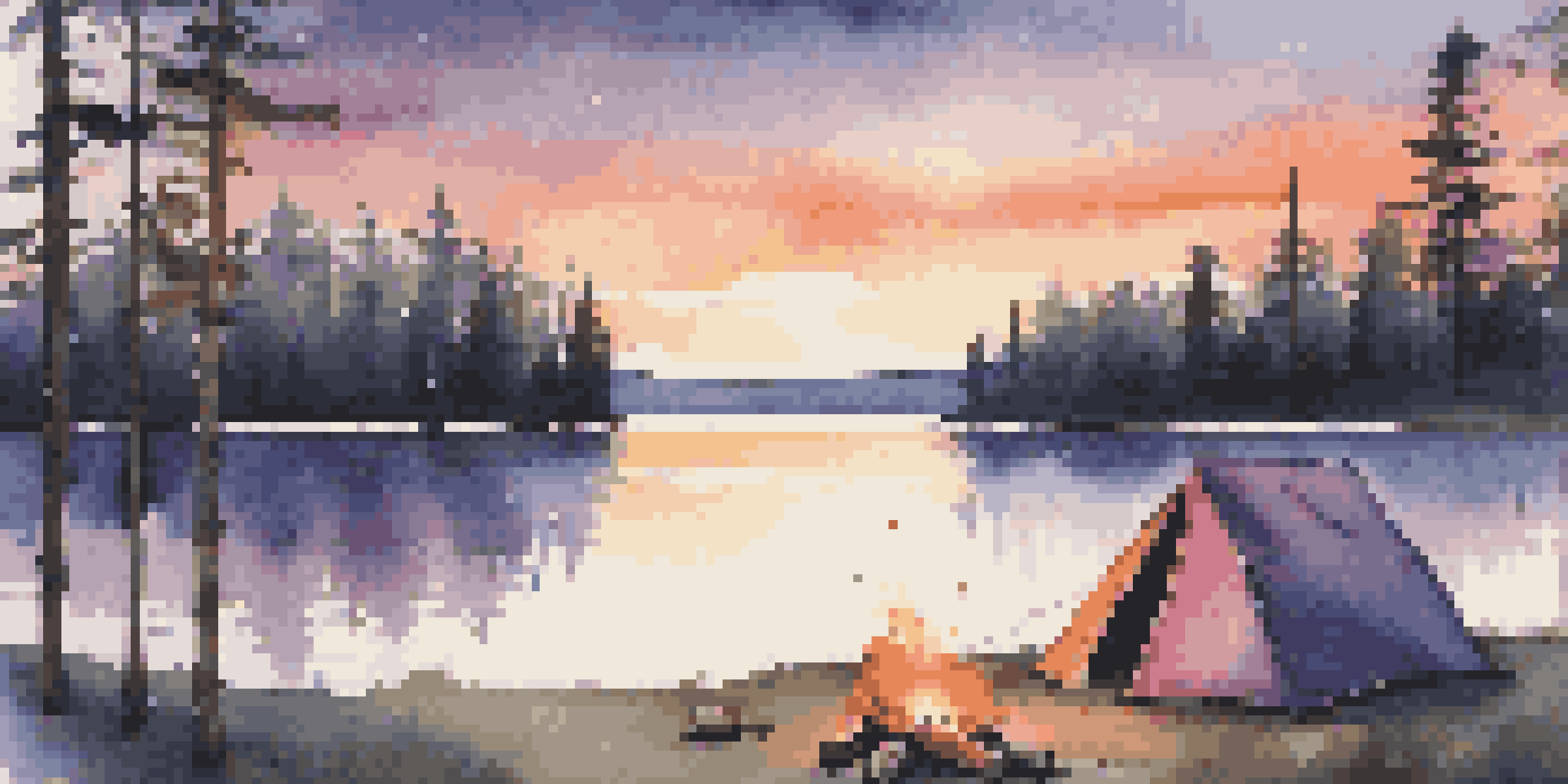 A tranquil lakeside camping scene at sunset with a tent, campfire, and surrounding trees.