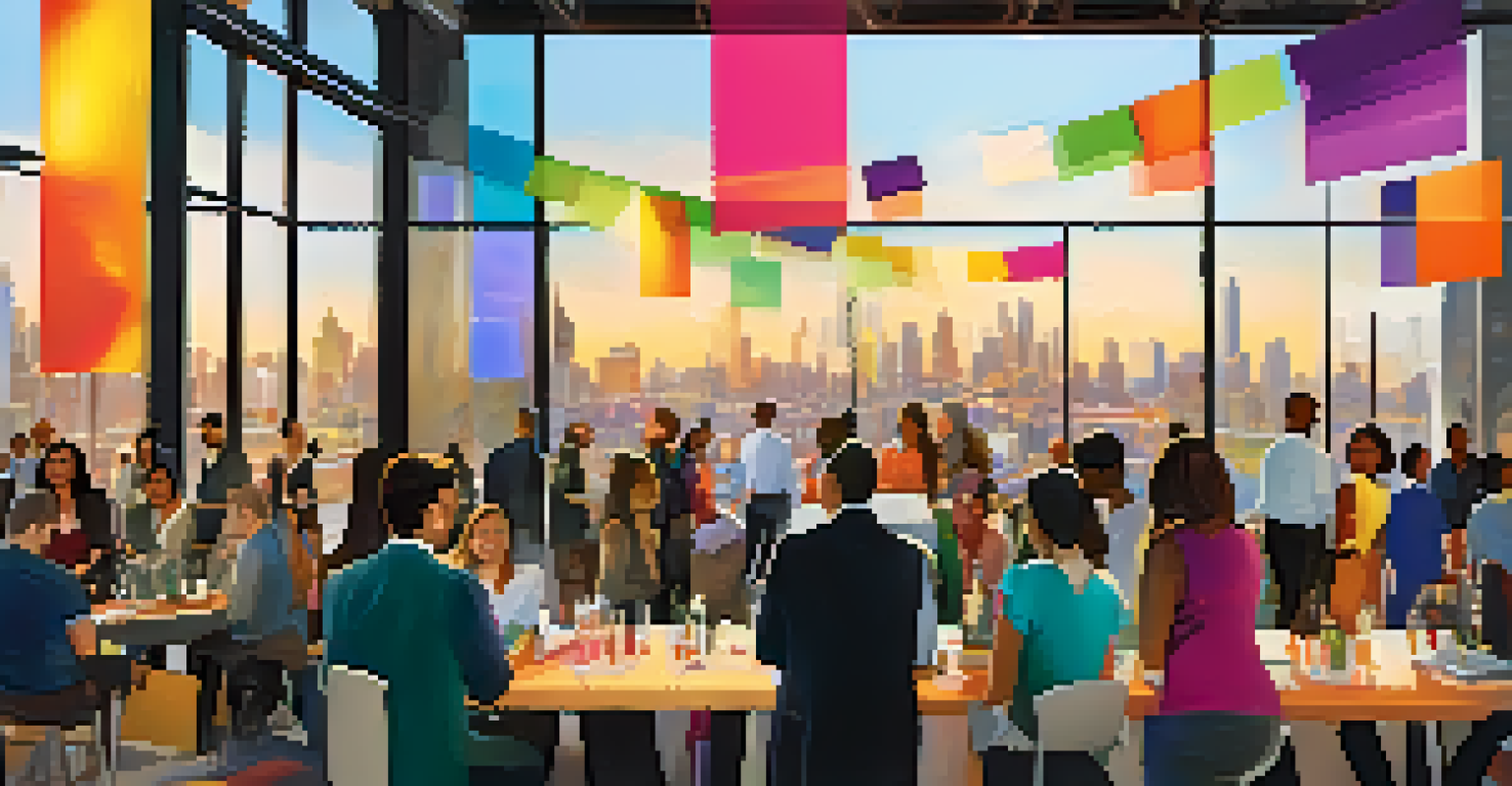 Participants networking and exchanging ideas at a modern workshop venue, with colorful displays and a city skyline visible through large windows.