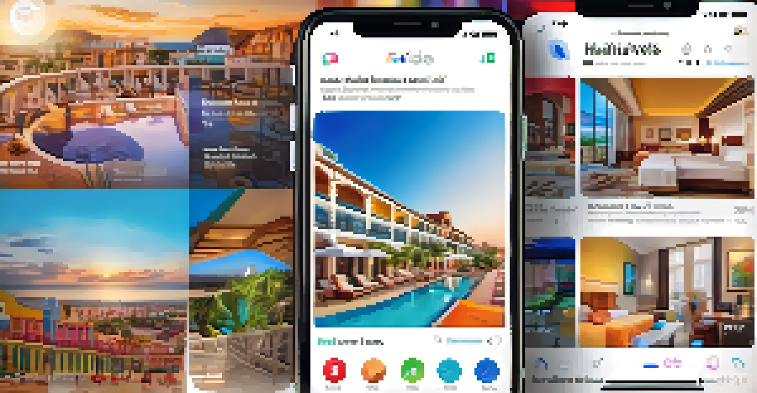 A smartphone displaying a social media feed with hotel promotions, set against a blurred travel destination background.