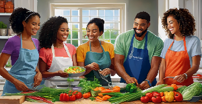 A diverse group of friends cooking together in a bright kitchen, surrounded by fresh ingredients and utensils, sharing laughter and stories.