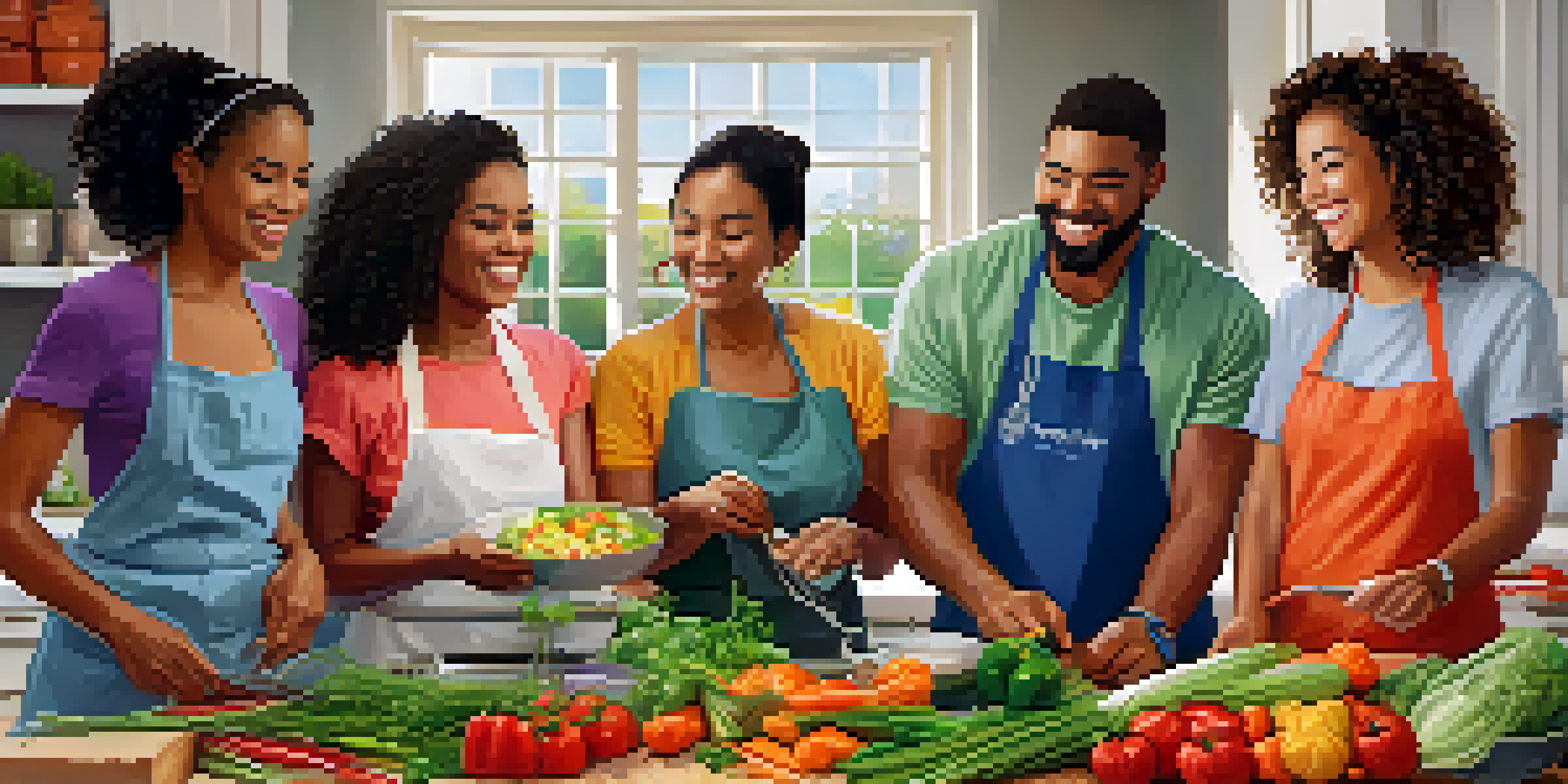 A diverse group of friends cooking together in a bright kitchen, surrounded by fresh ingredients and utensils, sharing laughter and stories.