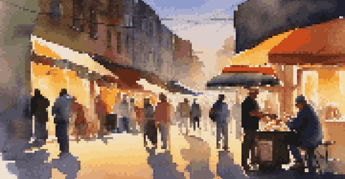 A travel photographer using an LED light in a bustling street scene at dusk.