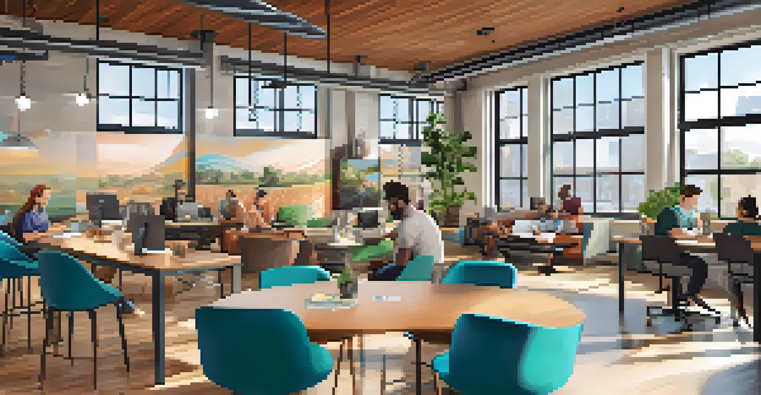 A modern coworking space with diverse people working together, colorful walls, and natural light streaming in through big windows.