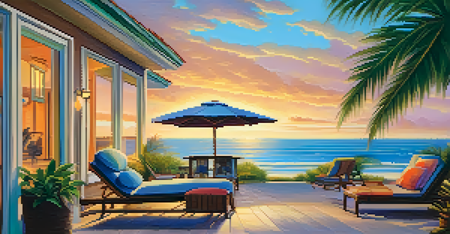 A peaceful beach house at sunset with outdoor seating and palm trees, creating a relaxing atmosphere.