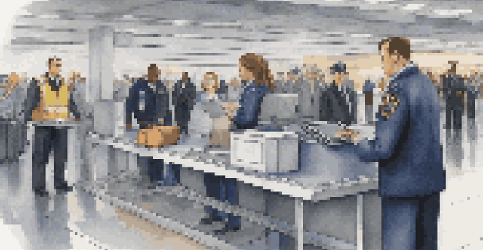A traveler at an airport security checkpoint with a laptop and tablet ready for inspection.