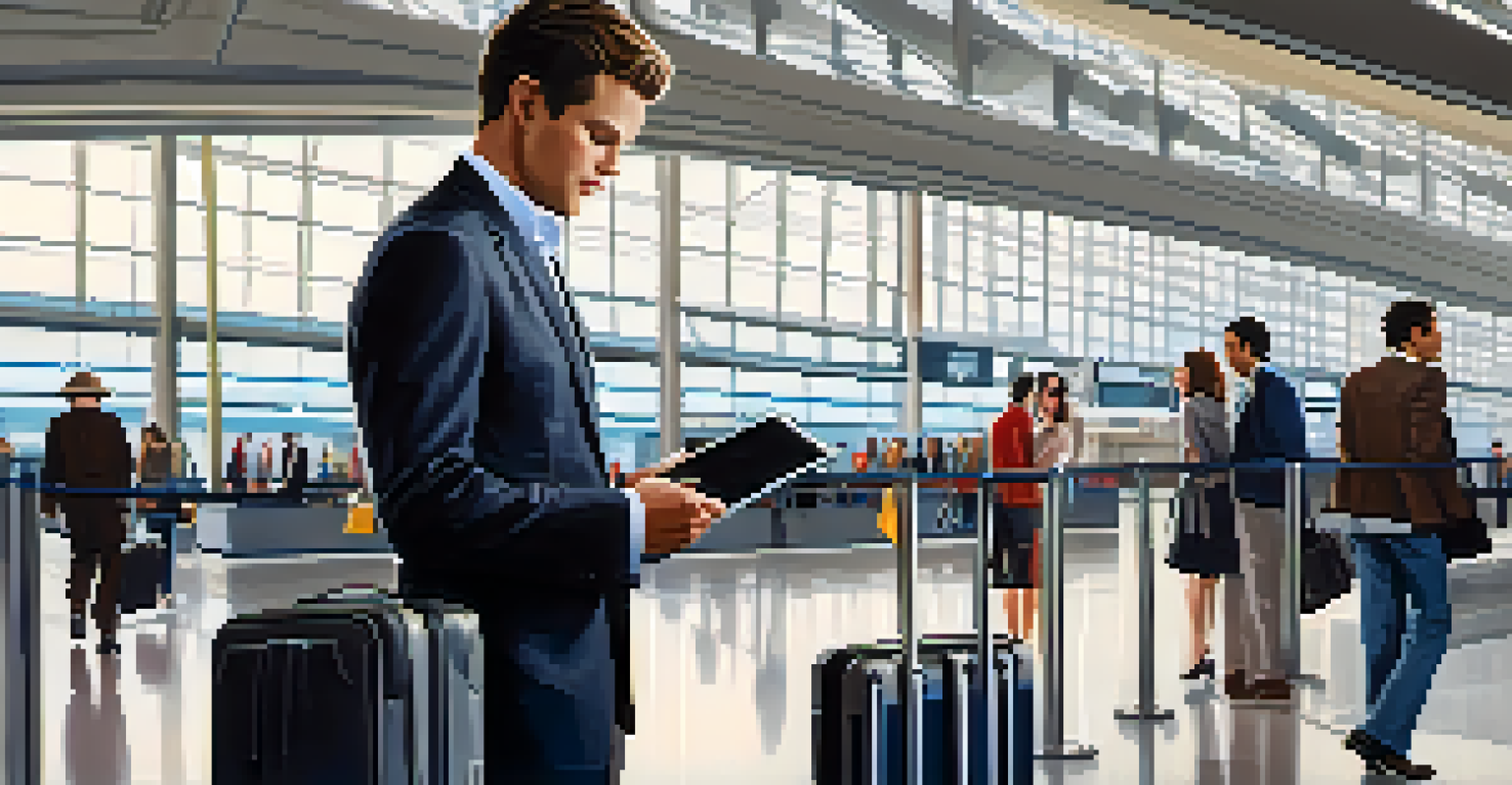 A business person at the airport looking at a checklist on a tablet, with luggage and other travelers in the background.