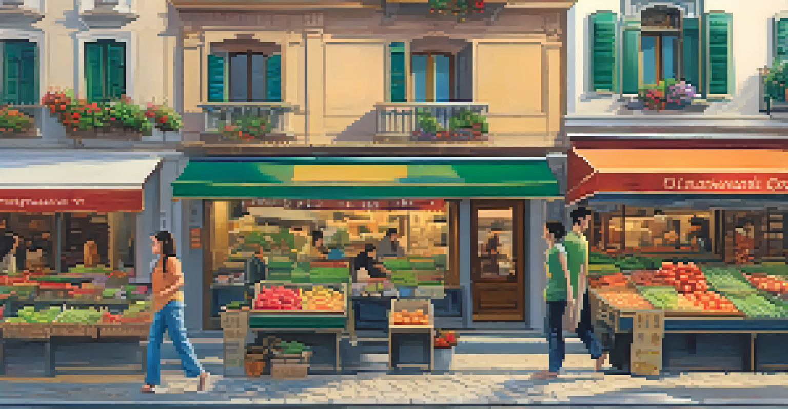 A lively street in a foreign city with local vendors, students exploring, and charming architecture, all illuminated by golden hour light.