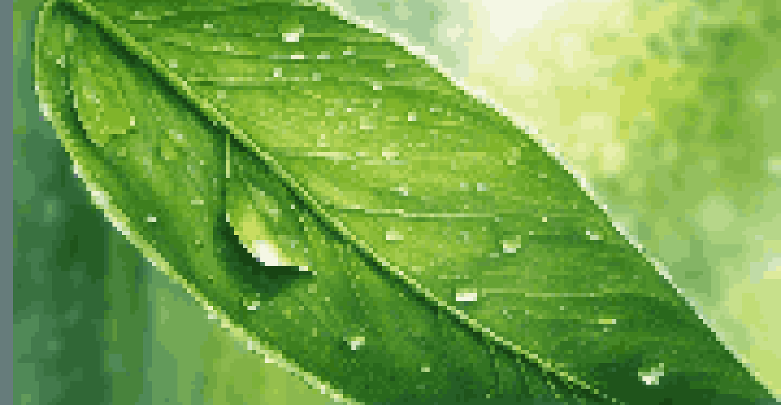A close-up of a green leaf with dew drops glistening in the morning sunlight, highlighting the leaf's texture.