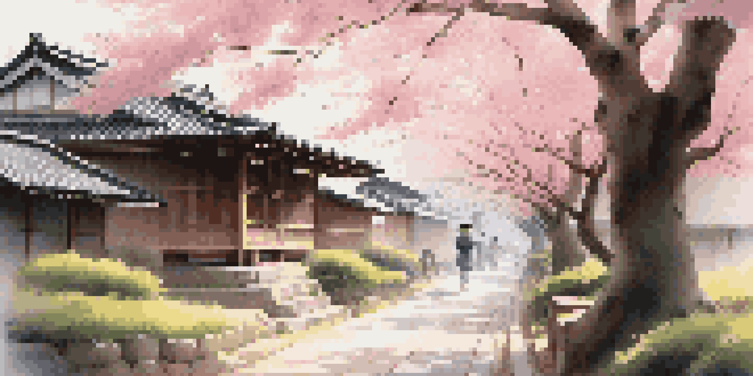 A peaceful Japanese village with cherry blossoms and a woman practicing calligraphy on a porch.