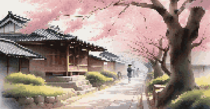A peaceful Japanese village with cherry blossoms and a woman practicing calligraphy on a porch.