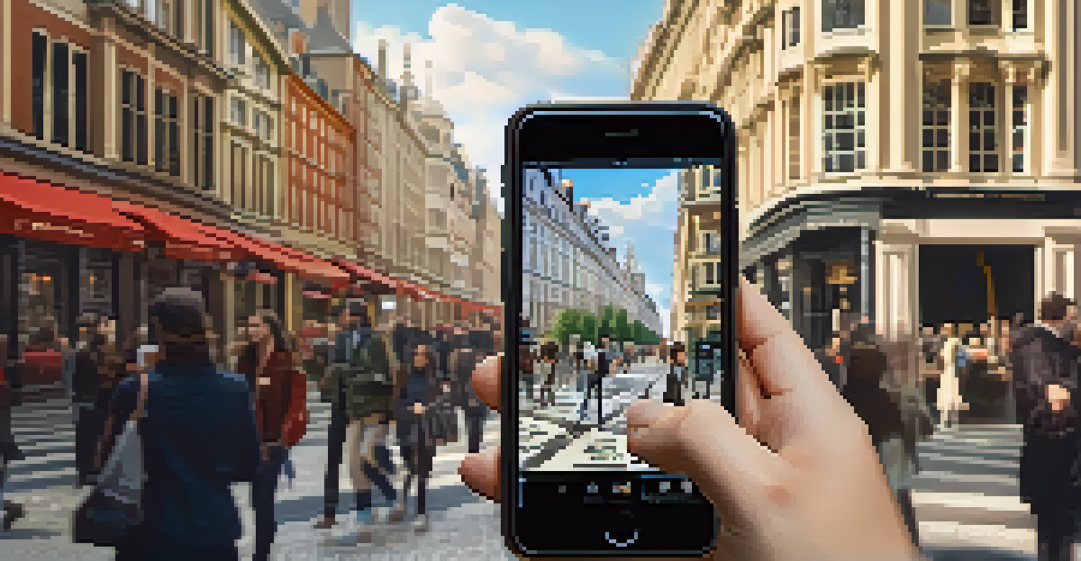 A traveler exploring a historic city with a smartphone, viewing augmented reality information about landmarks amidst a busy street.