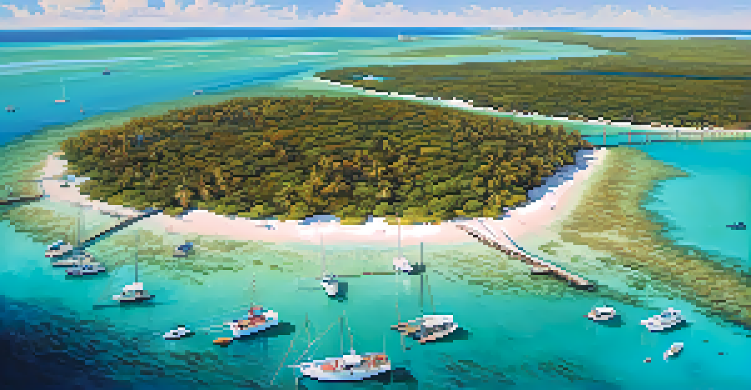 Aerial view of the Florida Keys with turquoise waters and fishing boats, showcasing vibrant marine life.