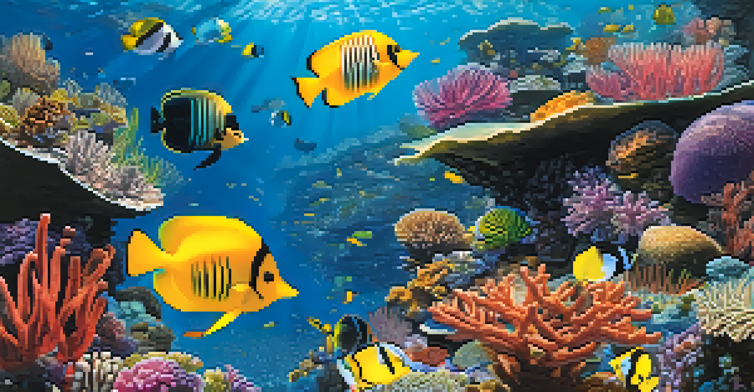 An underwater view of the Great Barrier Reef filled with colorful corals and tropical fish illuminated by sunlight.