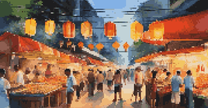 A lively street food market in Bangkok with colorful stalls and people enjoying food.