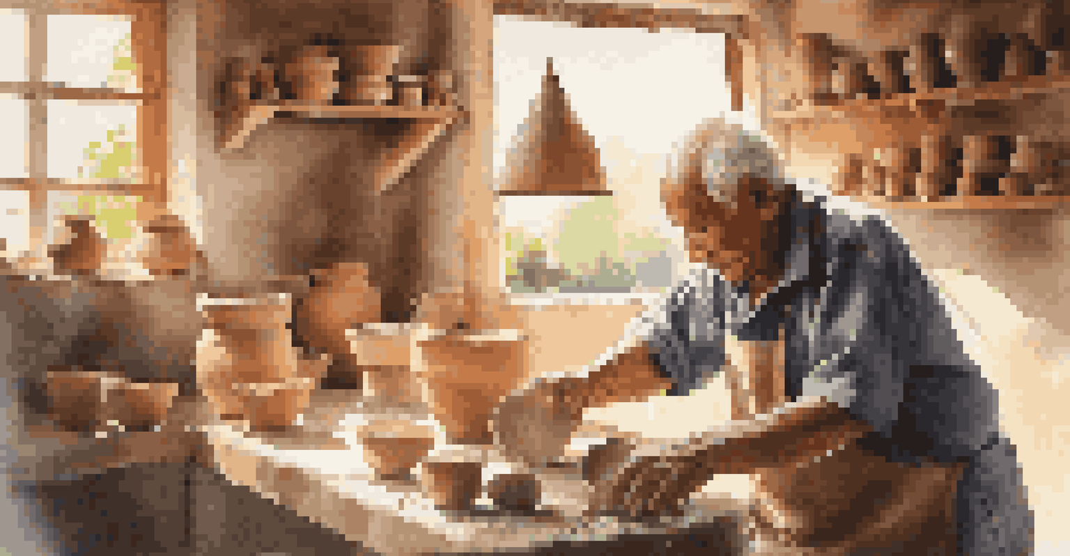 An elderly artisan crafting pottery in a sunlit workshop, surrounded by tools and clay, capturing a moment of craftsmanship.