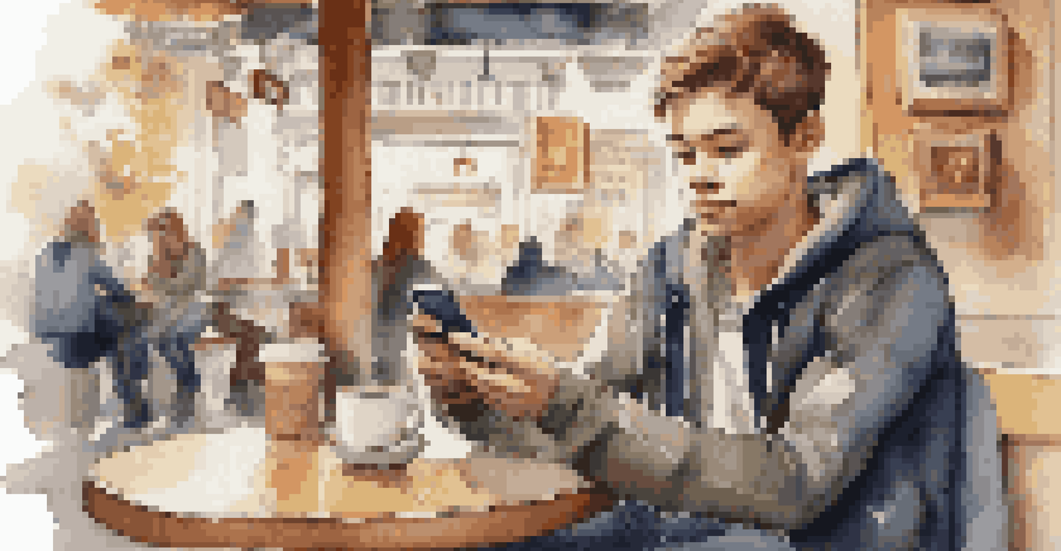 A teenager at a coffee shop using a smartphone to compare travel deals on apps.