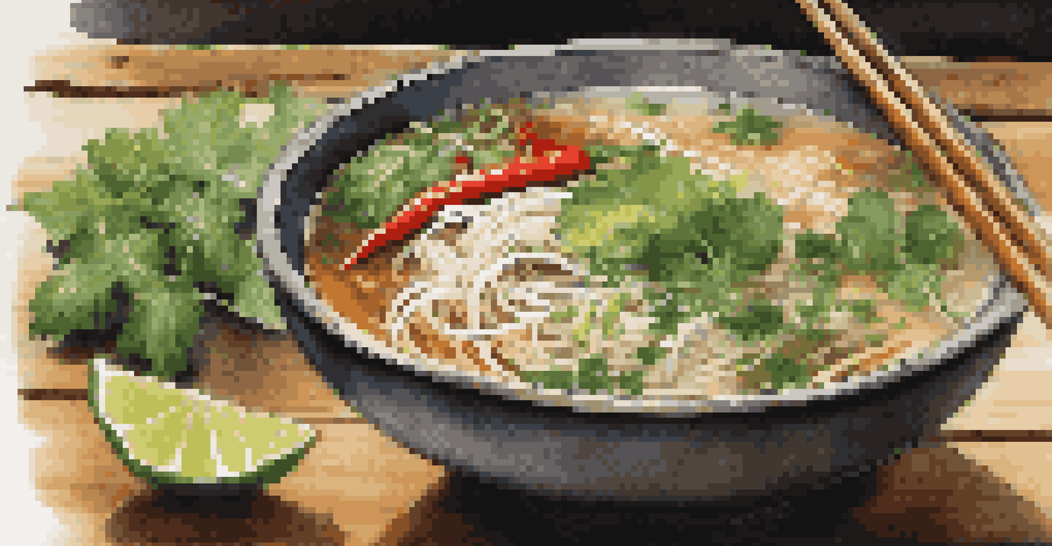 A close-up image of a steaming bowl of pho, showcasing fresh herbs and vibrant vegetables on a rustic wooden table.