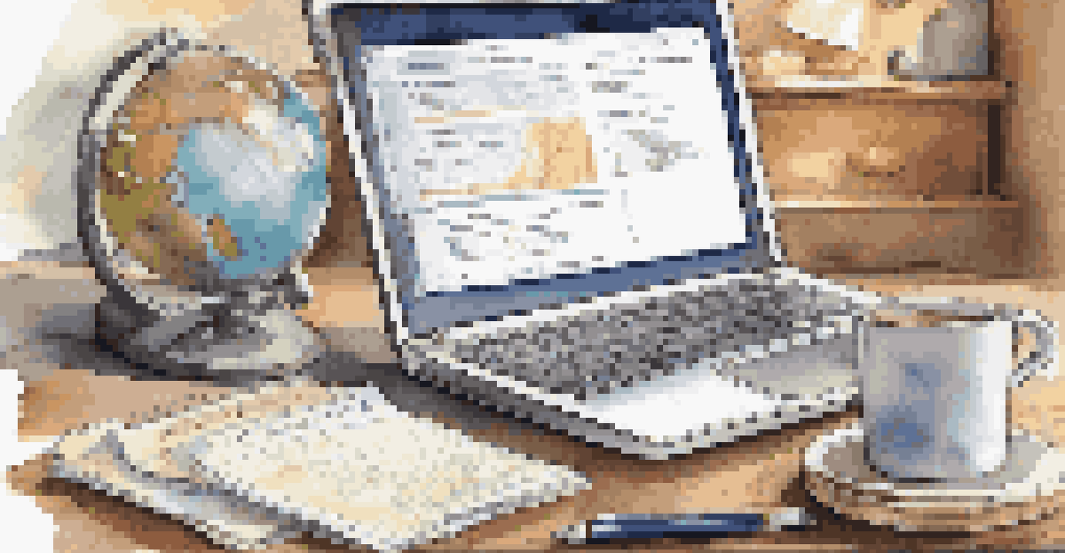 A workspace with a laptop showing travel insurance websites, a notepad, a globe, and a coffee cup.
