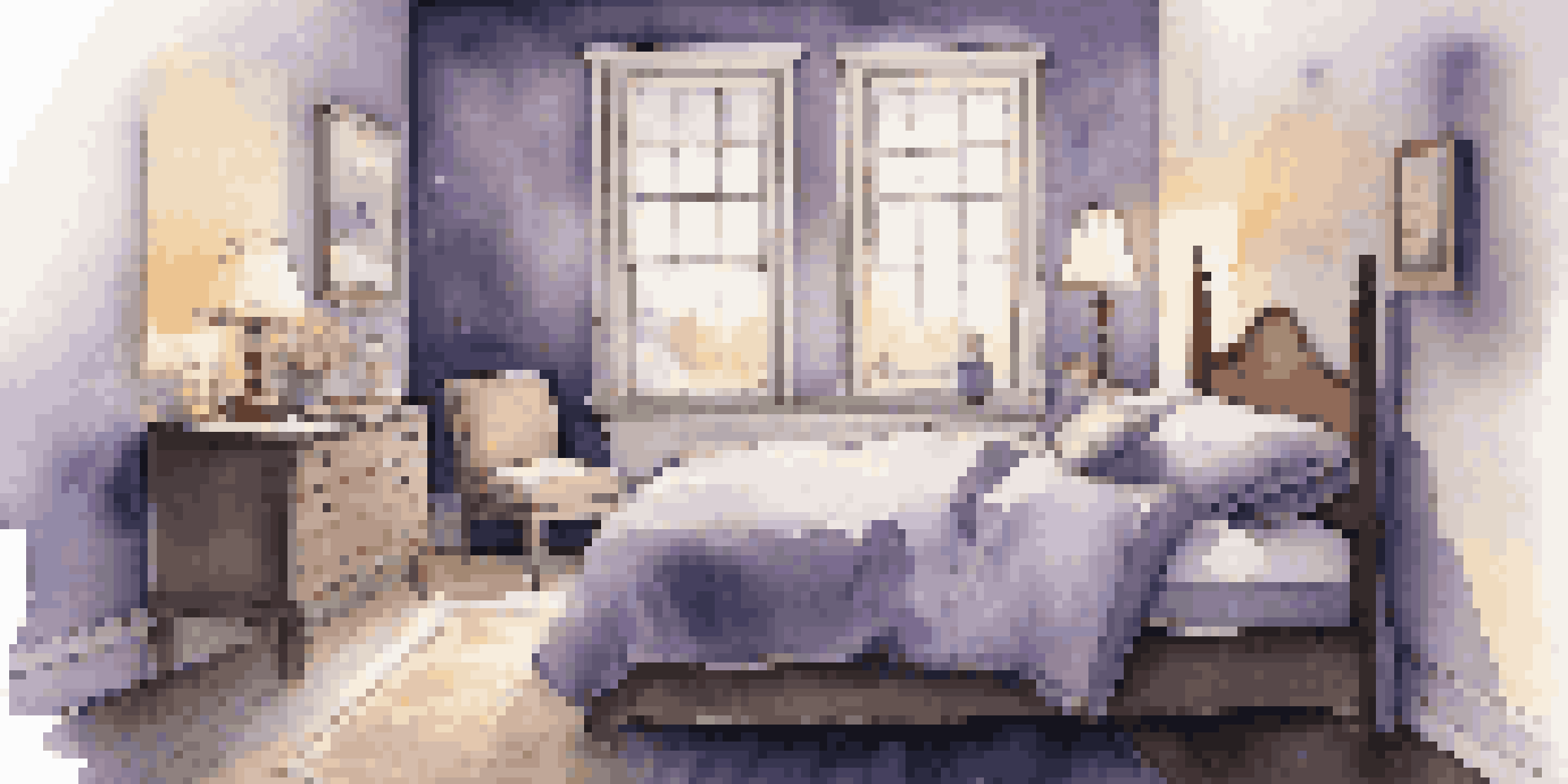 A cozy bedroom with soft bedding and ambient lighting, featuring blackout curtains and a bedside table with a diffuser.