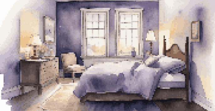 A cozy bedroom with soft bedding and ambient lighting, featuring blackout curtains and a bedside table with a diffuser.