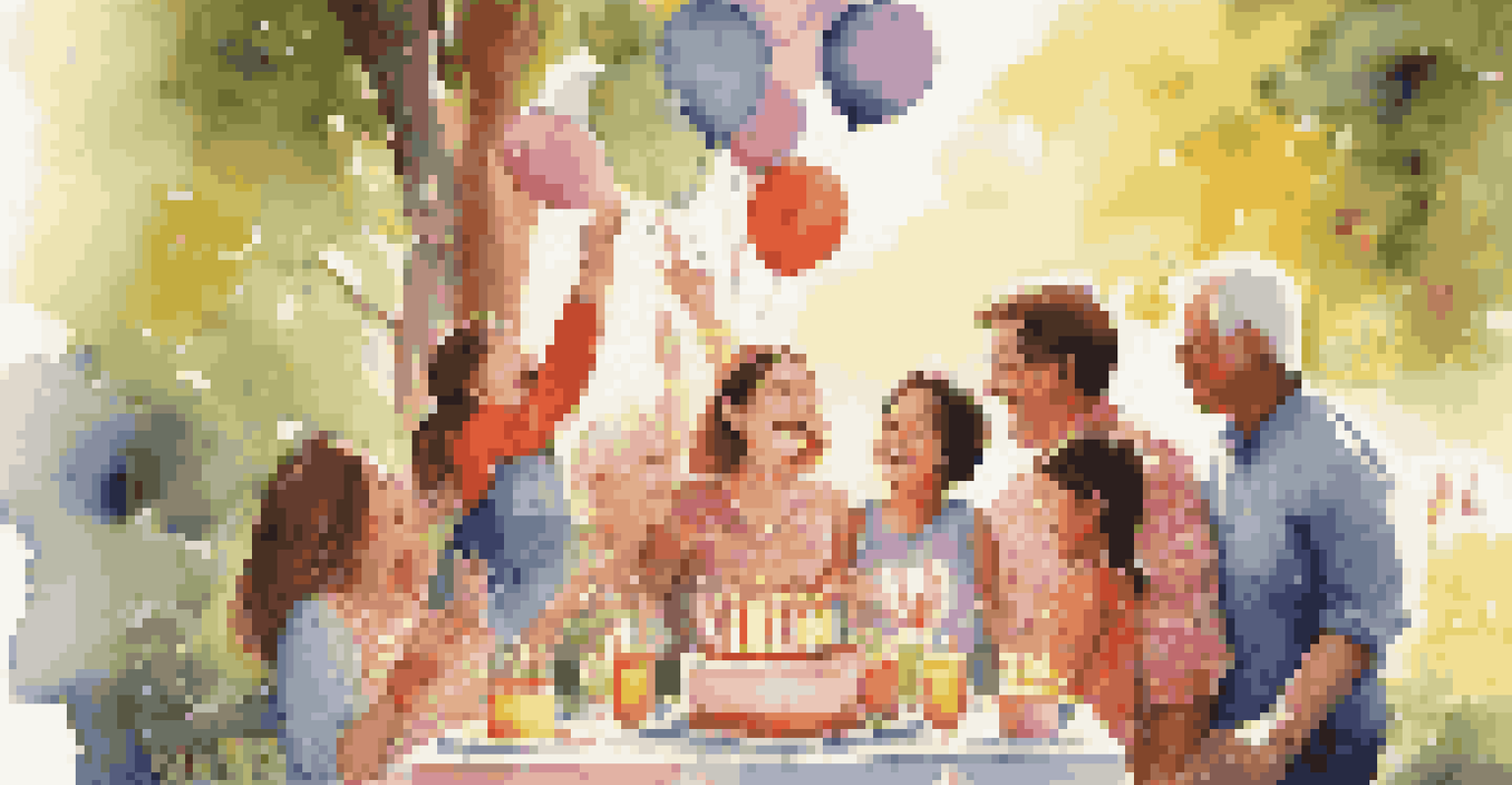 A joyful family outdoor birthday celebration with balloons, a decorated cake, and smiling faces under sunlight.