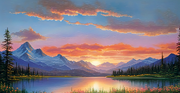 A beautiful sunrise illuminating a mountain landscape with a calm lake and wildflowers in the foreground.