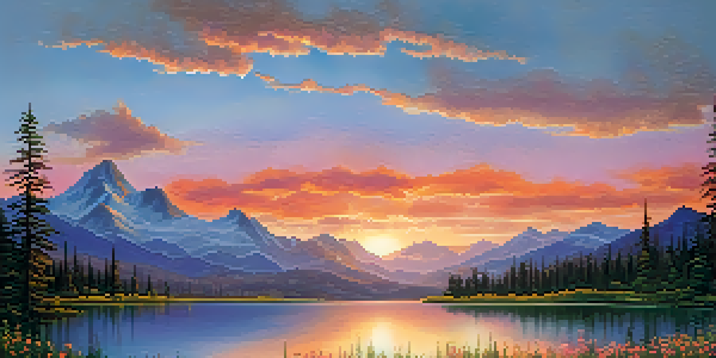 A beautiful sunrise illuminating a mountain landscape with a calm lake and wildflowers in the foreground.