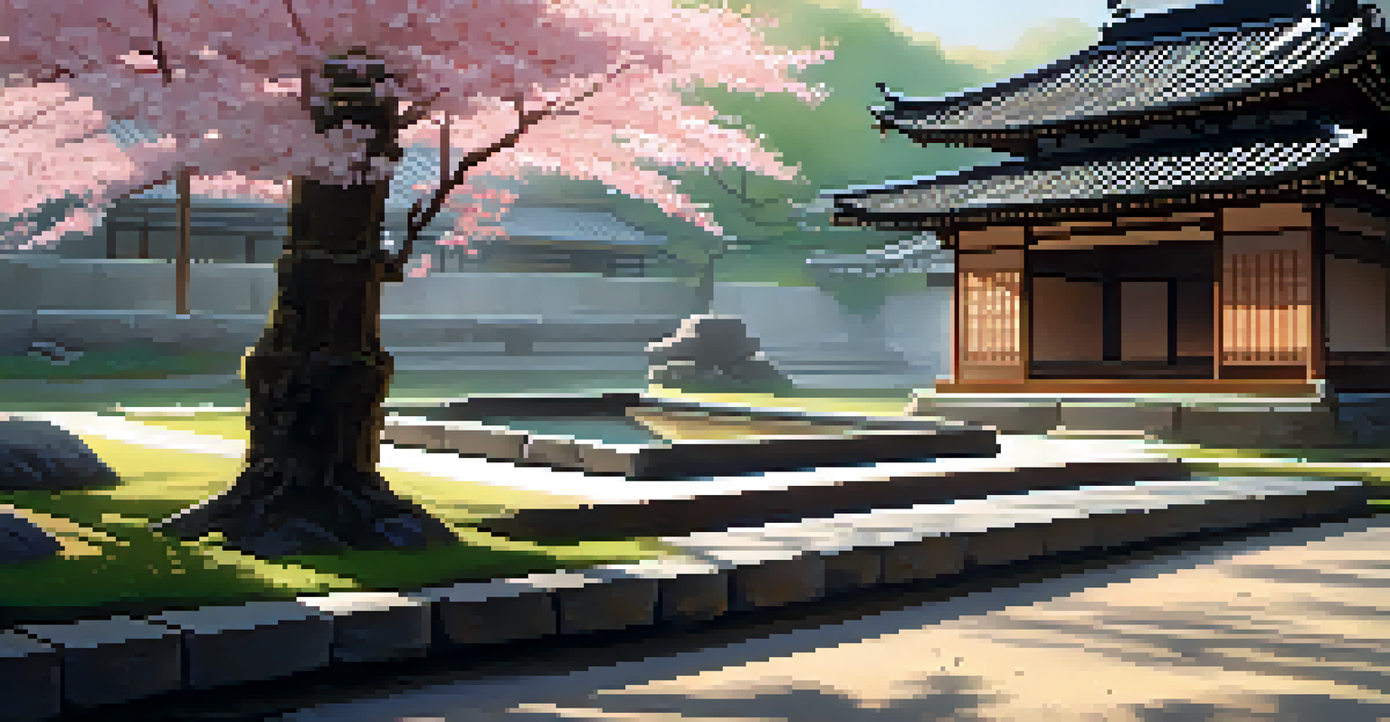 A peaceful Zen garden in Kyoto with cherry blossoms and raked gravel.