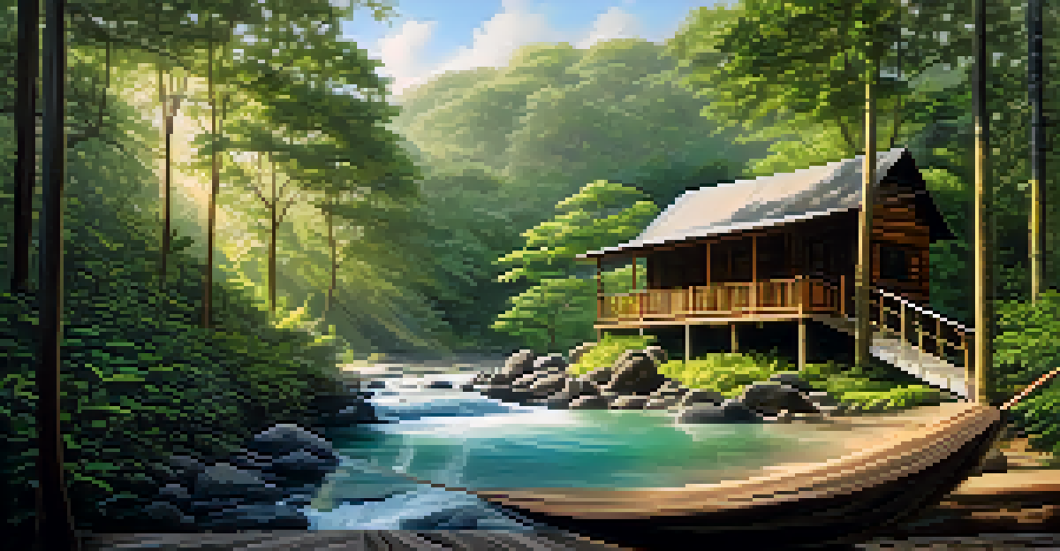 A tranquil forest scene at a wellness retreat in Costa Rica, featuring a stream and a cozy cabin with a hammock.