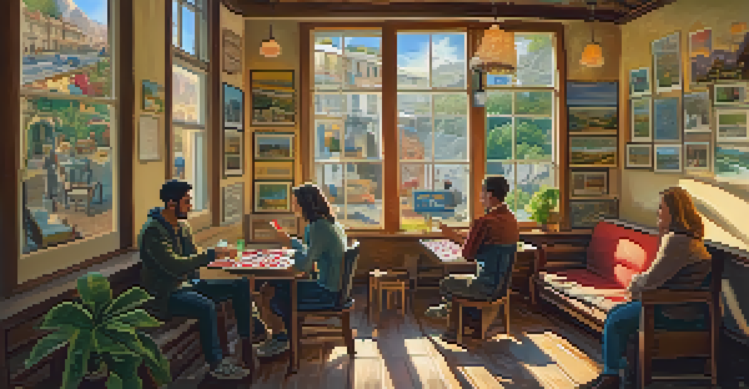 A cozy hostel common room with a solo traveler playing cards with other guests, surrounded by travel photos and a warm ambiance.