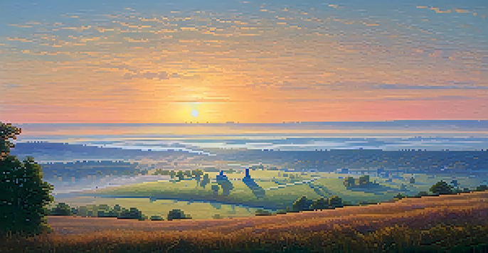 A scenic sunrise view of the Gettysburg battlefield, showcasing rolling hills, historic monuments, and misty grass.