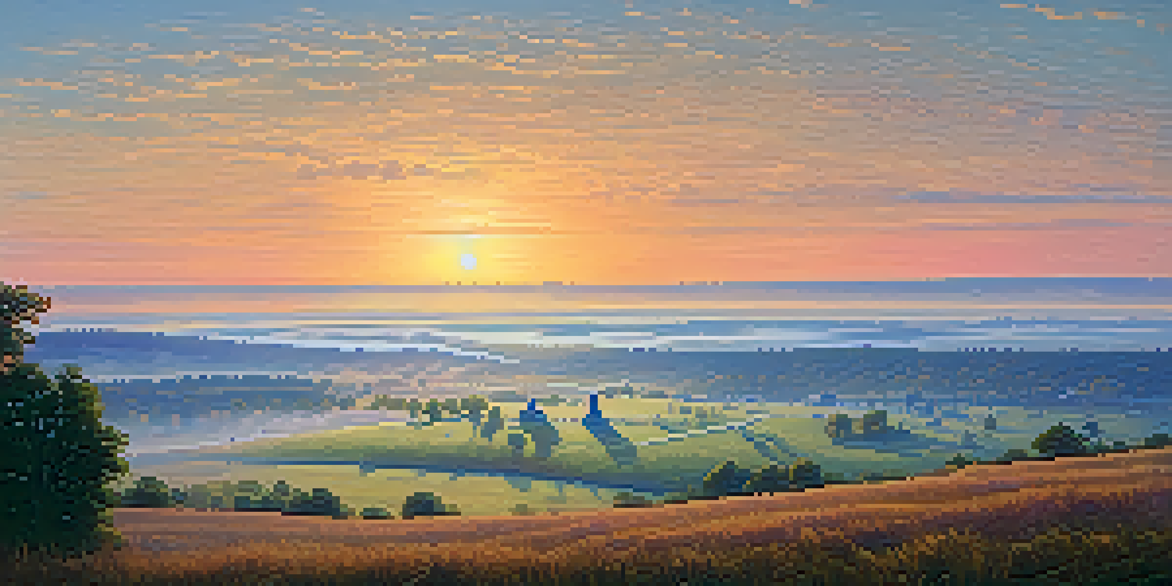 A scenic sunrise view of the Gettysburg battlefield, showcasing rolling hills, historic monuments, and misty grass.