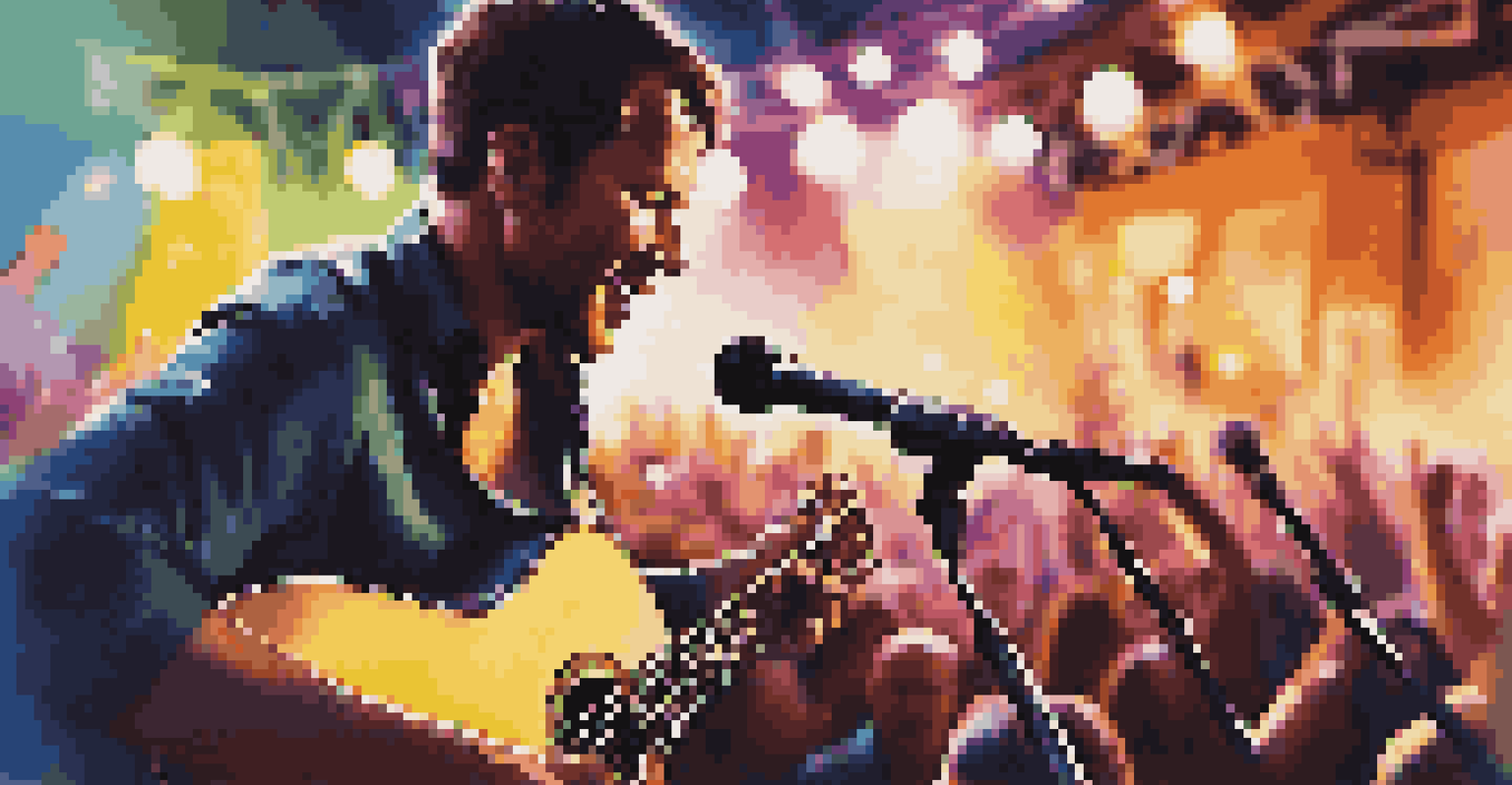 A close-up of a musician playing an acoustic guitar on stage, with a blurred crowd in the background, showcasing the emotional connection of live performances.