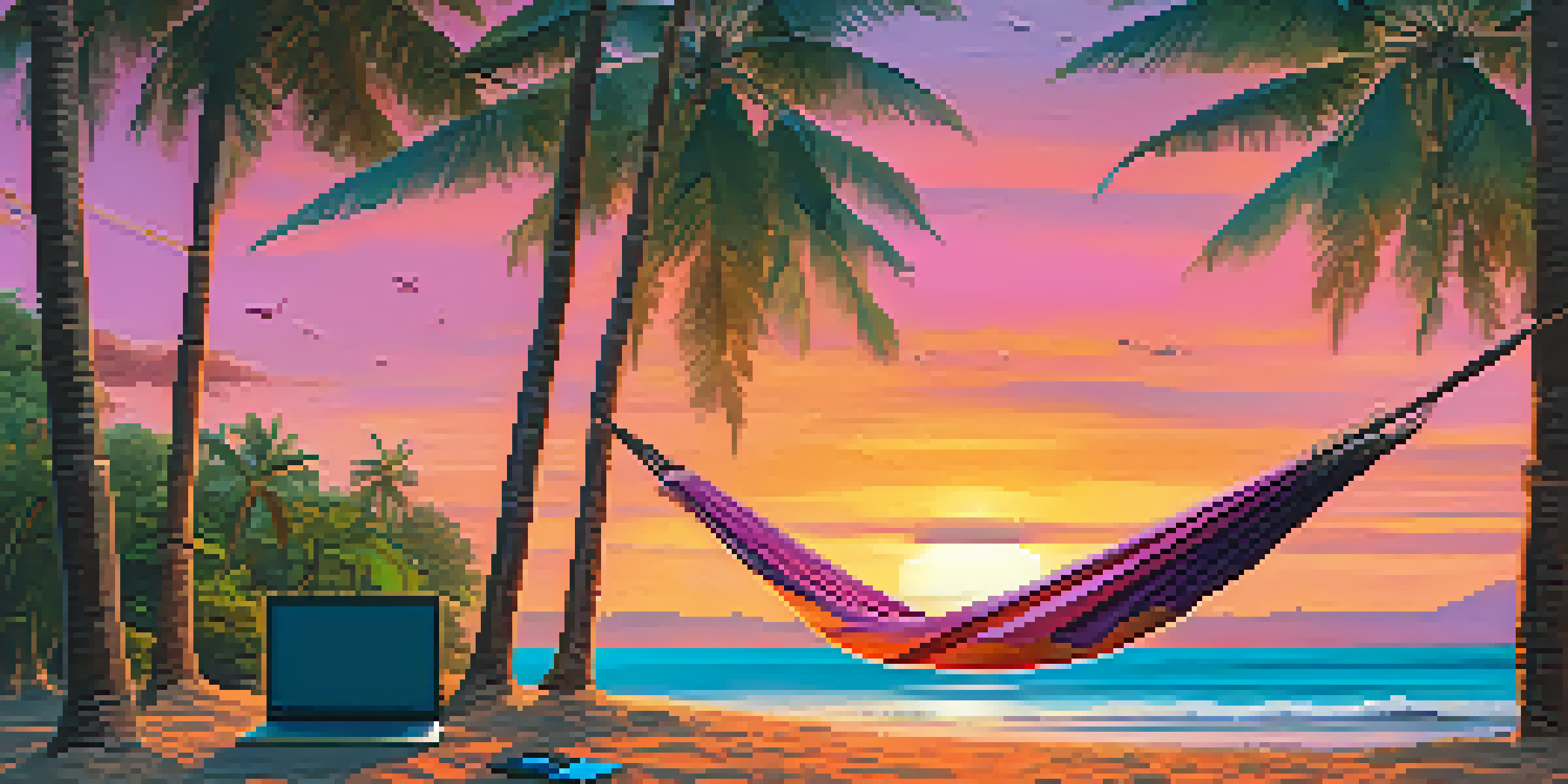 A tranquil Bali beach during sunset, featuring silhouetted palm trees, a hammock, and an open laptop on colorful beach towels.