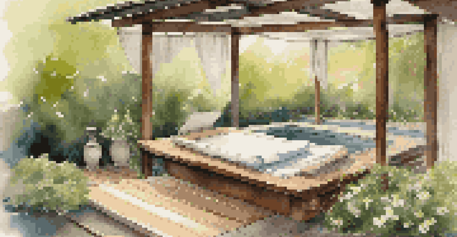 An outdoor spa area with massage beds under a flower canopy and a small fountain.