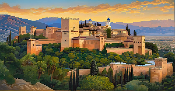 A panoramic view of the Alhambra surrounded by mountains at sunset, showcasing intricate Moorish architecture and vibrant gardens.