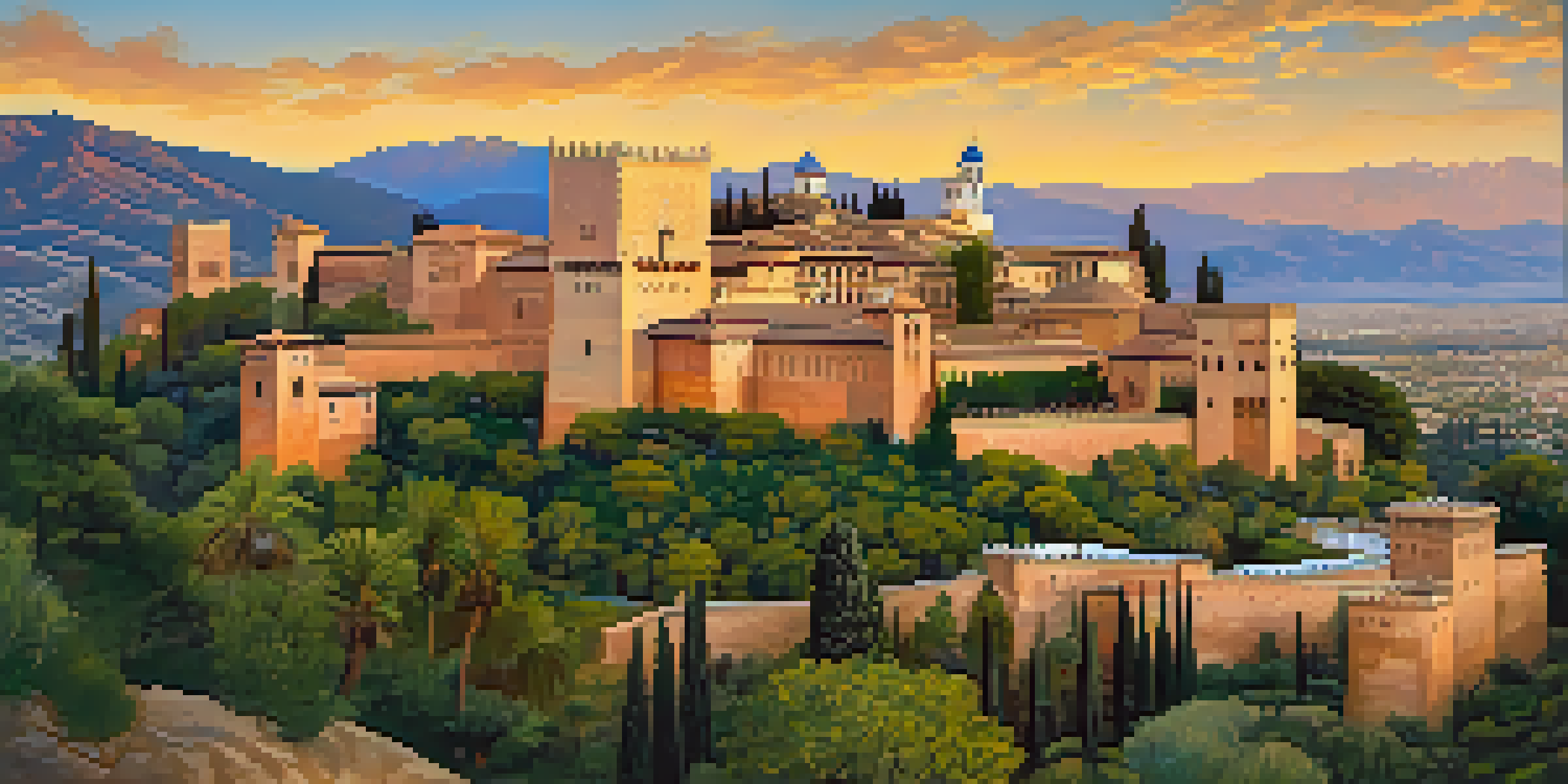 A panoramic view of the Alhambra surrounded by mountains at sunset, showcasing intricate Moorish architecture and vibrant gardens.