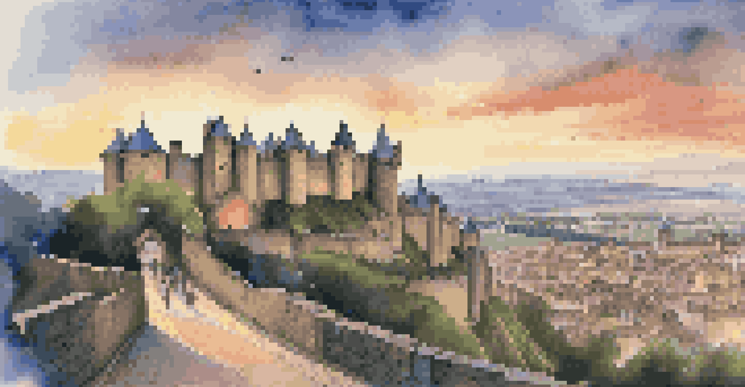 A charming evening view of the medieval fortress Carcassonne, featuring illuminated walls and bustling cobblestone streets.