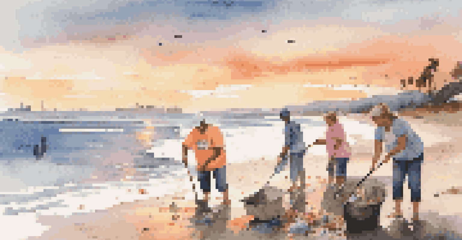 Volunteers cleaning up litter on a serene beach during sunset, with waves gently lapping at the shore.