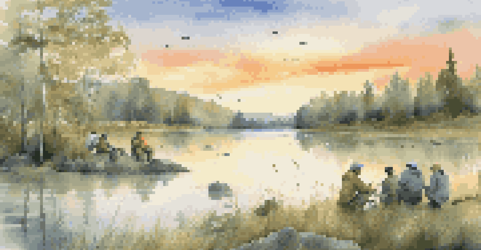 Volunteers observing wildlife near a tranquil lake at sunset, surrounded by lush forests.