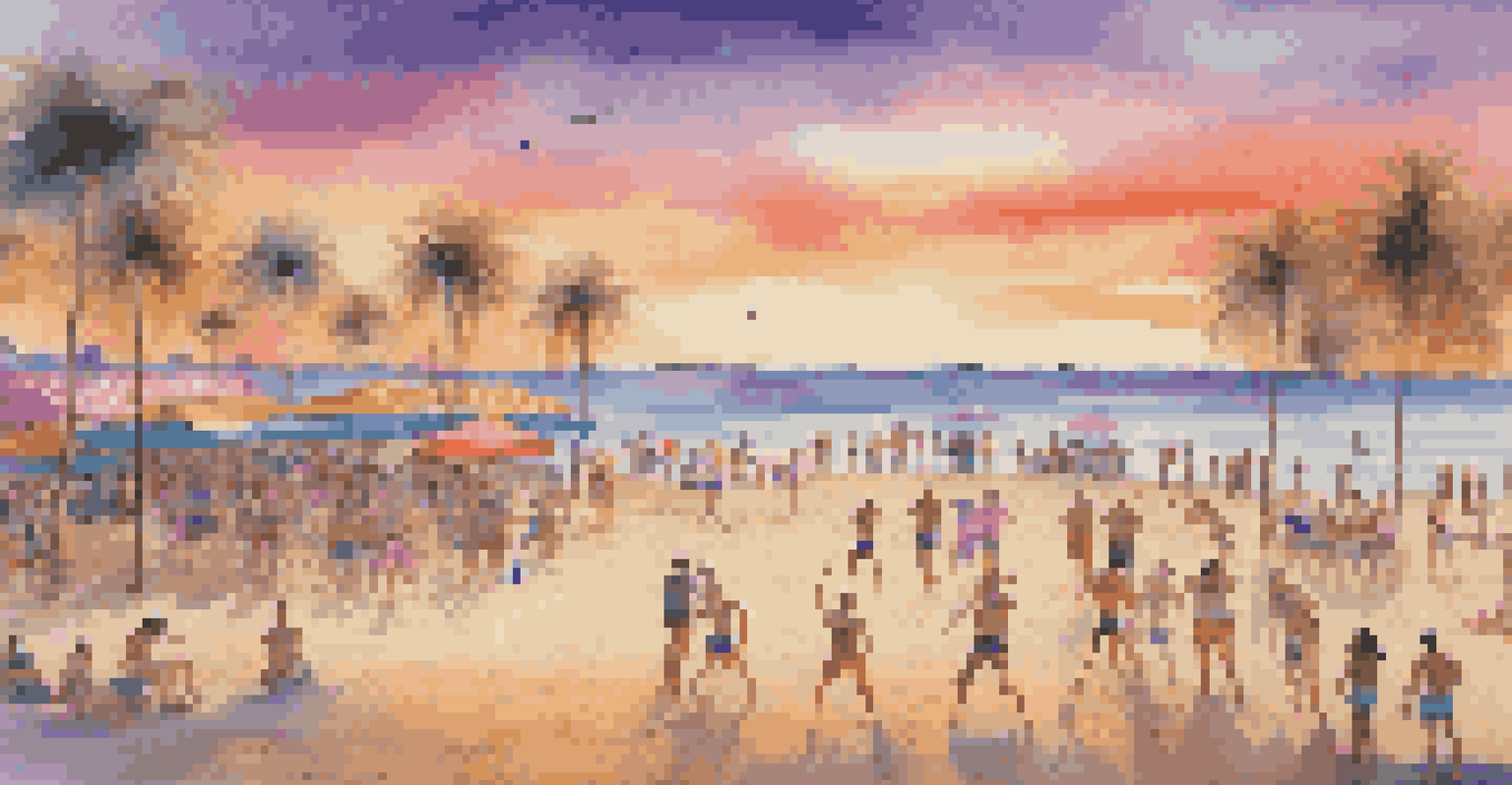 A beach volleyball game at sunset with colorful skies and spectators enjoying the scene.