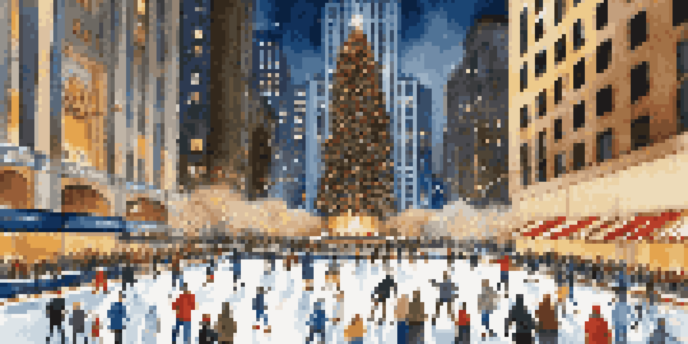 A vibrant ice skating rink at Rockefeller Center in New York City, with a large Christmas tree and skyscrapers in the background under a snowy night sky.