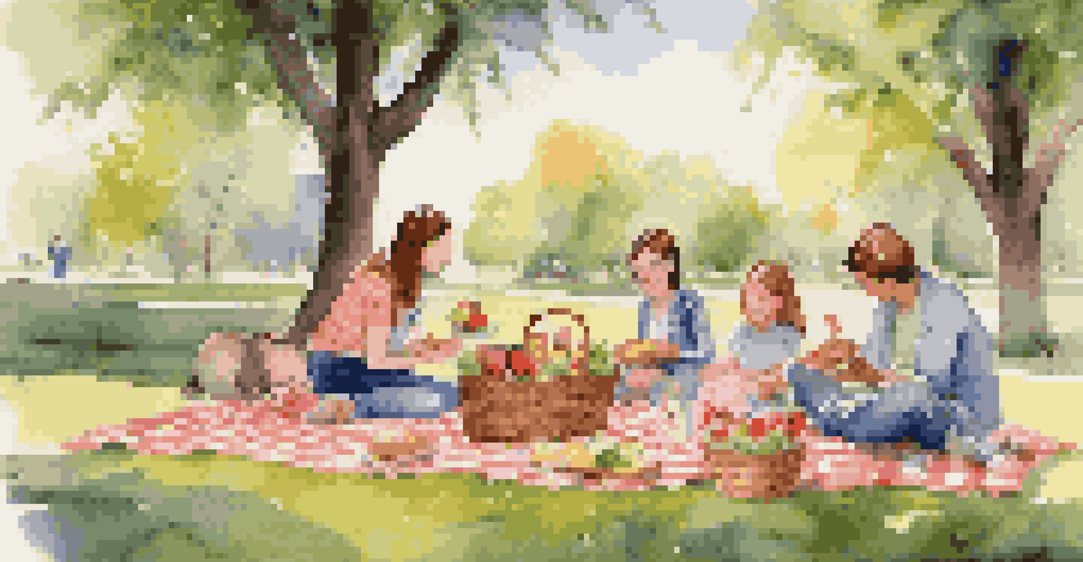 A family enjoying a picnic in a park, with a blanket and a basket of food, surrounded by greenery.