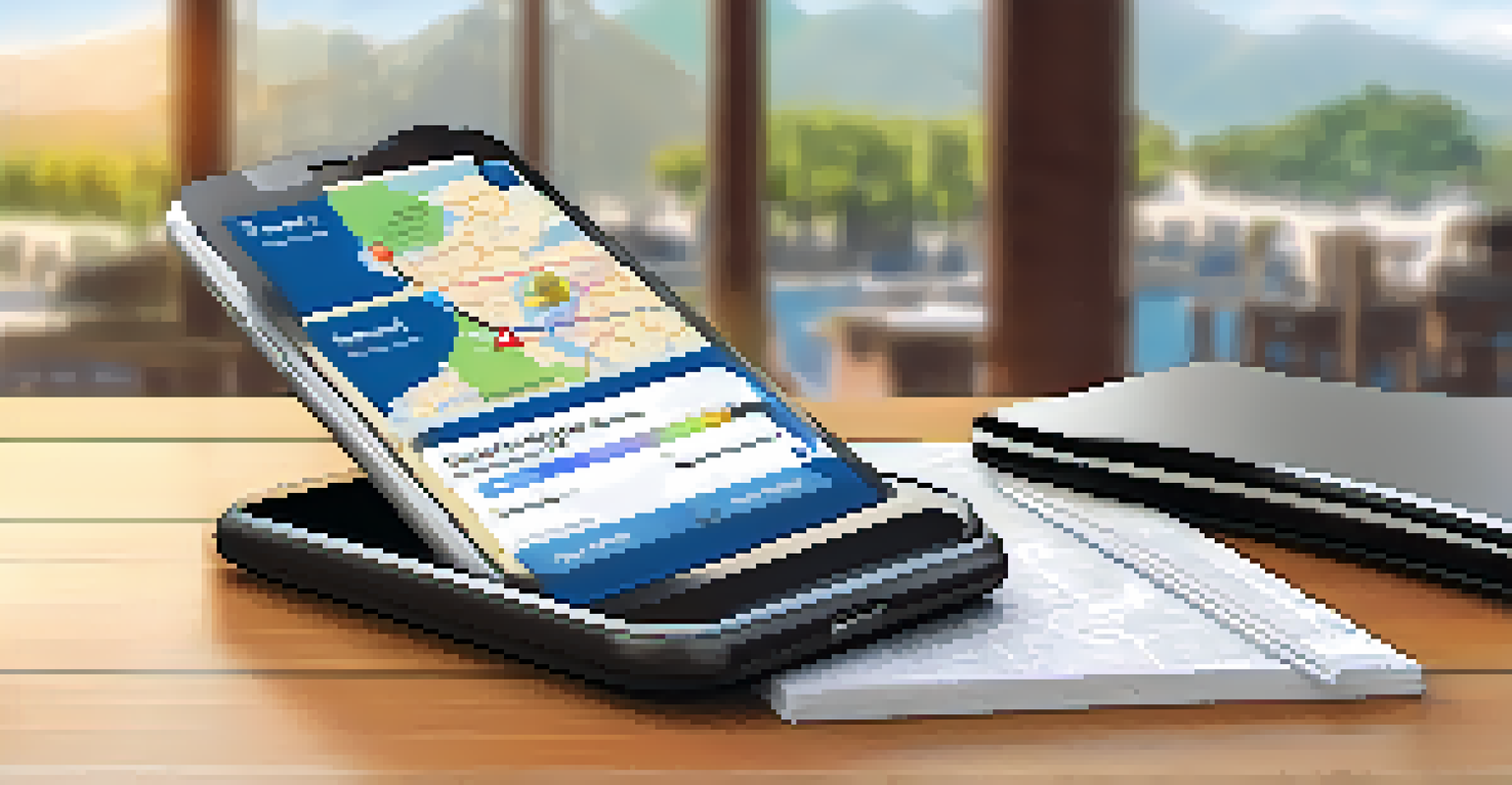 A smartphone displaying a travel app with updates on regulations, placed on a table with travel accessories.