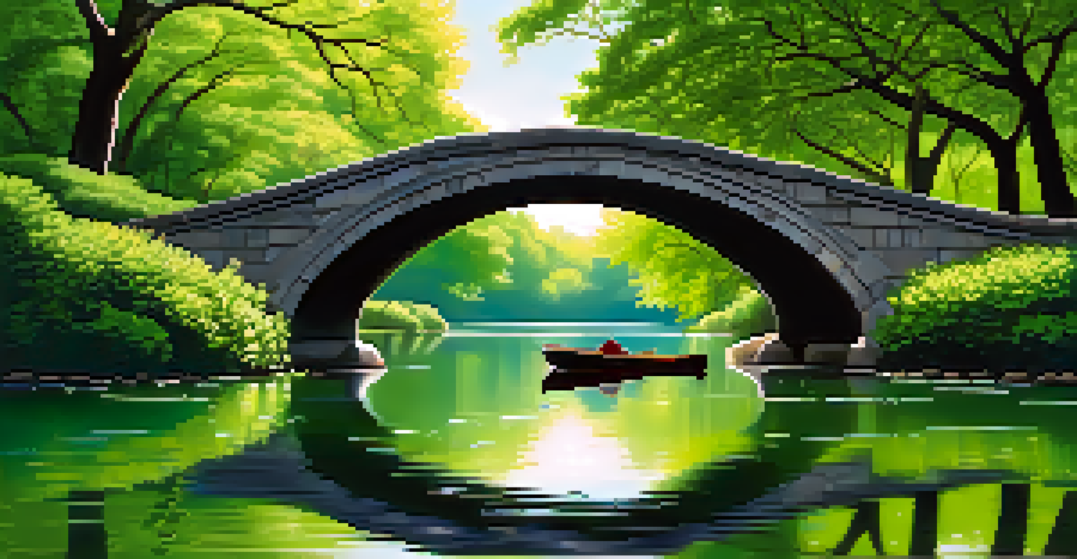 A peaceful view of a lake in Central Park with a rowboat and a stone bridge in the background.