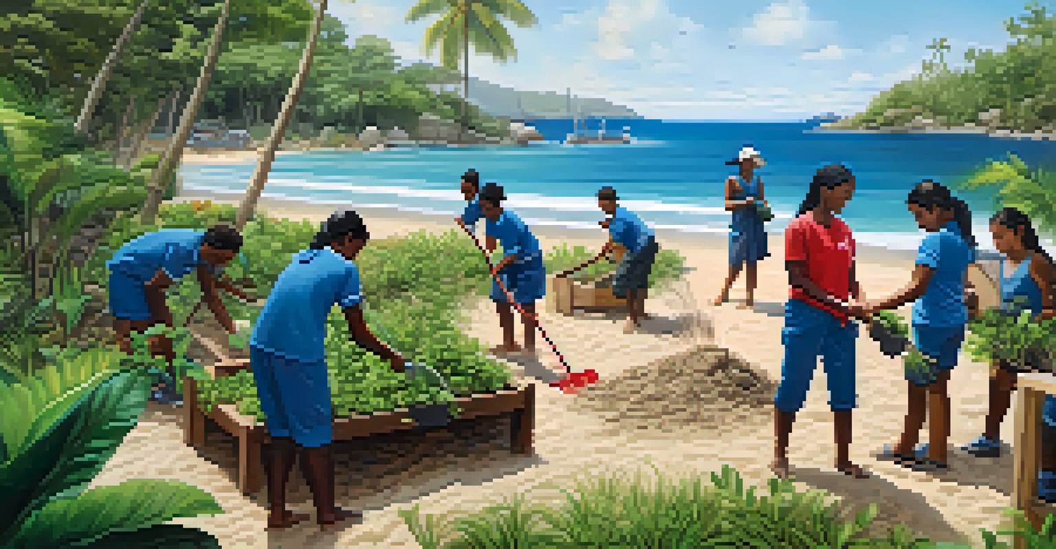 A diverse group of individuals participating in a community project, planting trees and cleaning the beach in a coastal town.