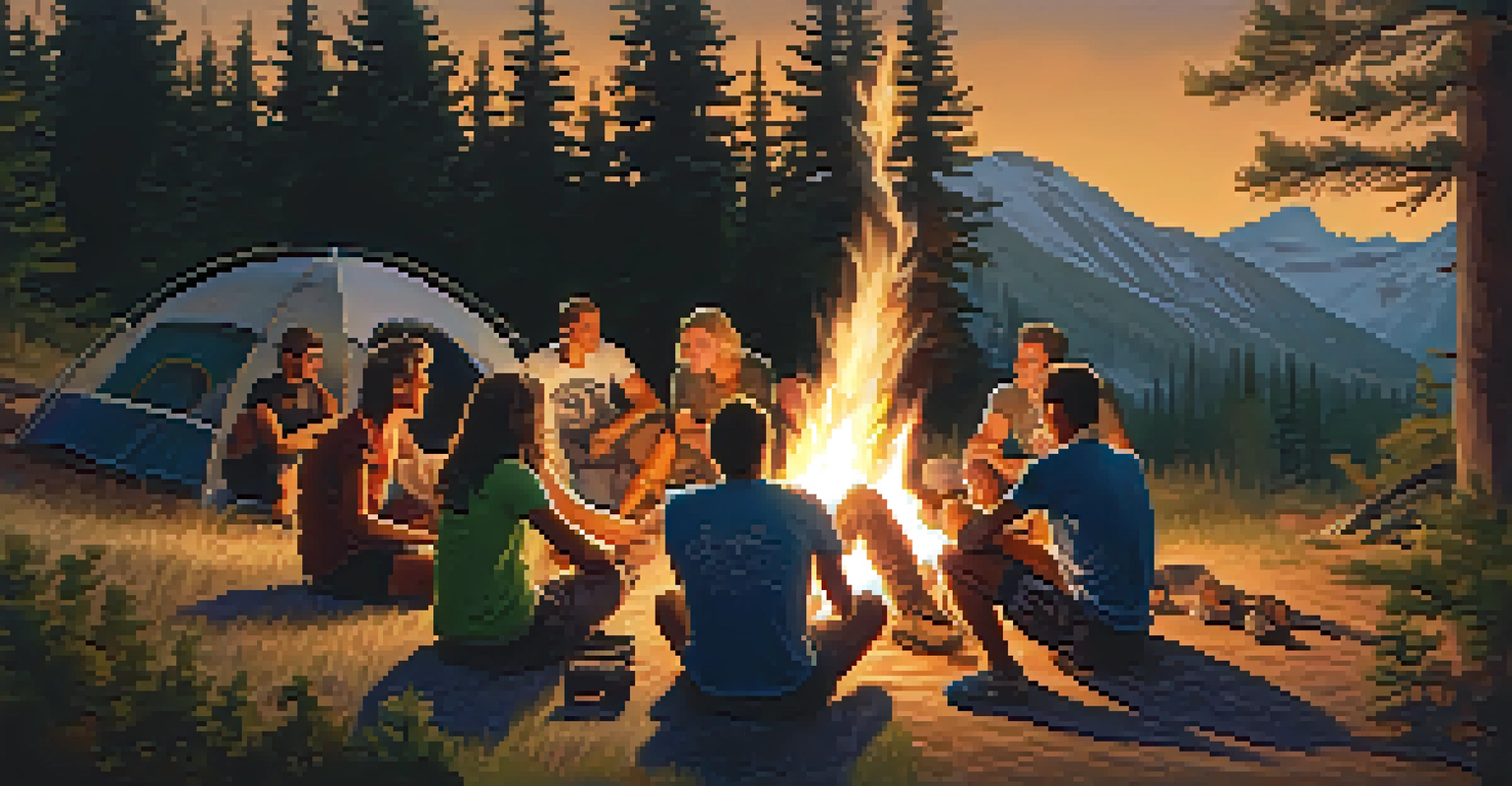 A group of friends sitting around a campfire at night, enjoying stories after extreme sports activities.