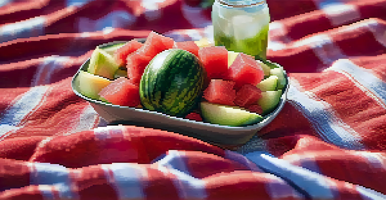 A colorful fruit salad featuring watermelon and cucumber on a picnic blanket, with a reusable water bottle in the background.