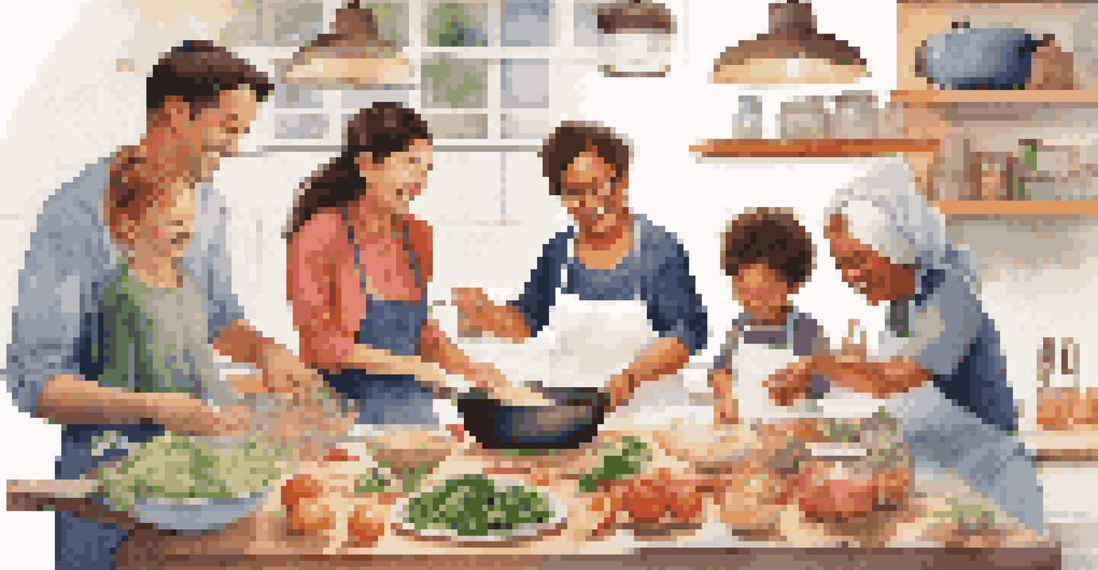 A family cooking together in a kitchen, surrounded by ingredients and enjoying the moment.