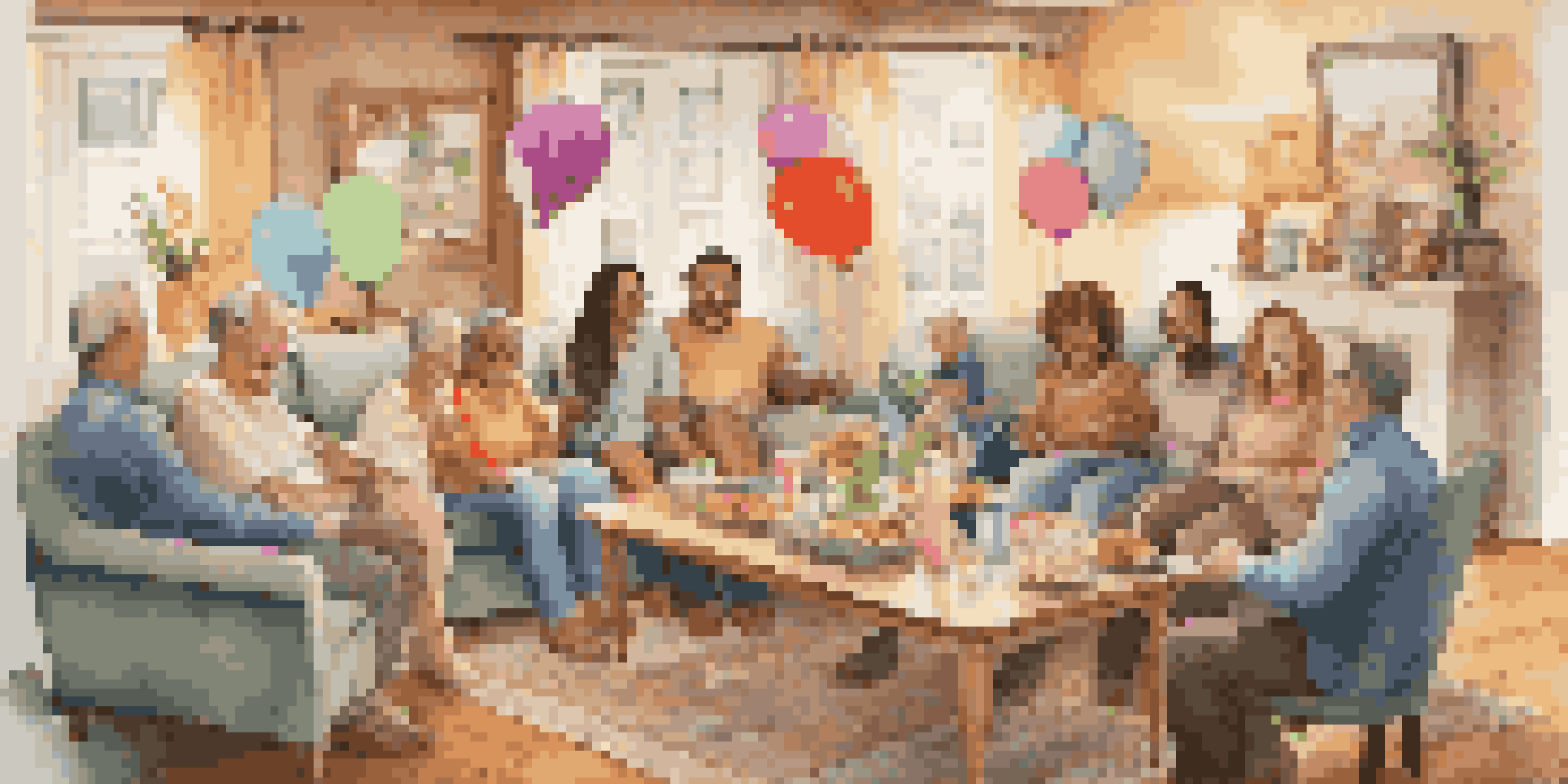 A warm living room filled with family members enjoying a reunion, decorated with balloons and family photos.